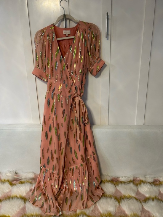 Ciebon Whitney Metallic Print Wrap Dress in a peach or rose-tone - Picture 2 of 9